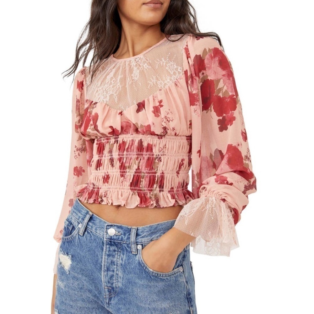 NWT‎ Free People Daphne Cropped Smocked Romantic Blouse